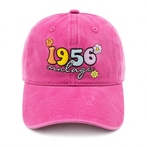 1956 Vintage Embroidered Baseball Cap, Pink Washed Dad Hat with Floral Design, Adjustable Birthday Gift