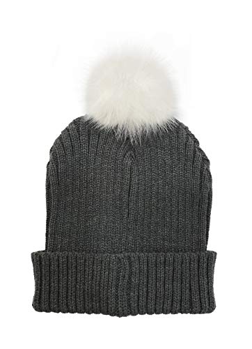 Women's Slouchy Winter Beanie Hat with Removable Faux Fur Pom - color: Charcoal/White Pom