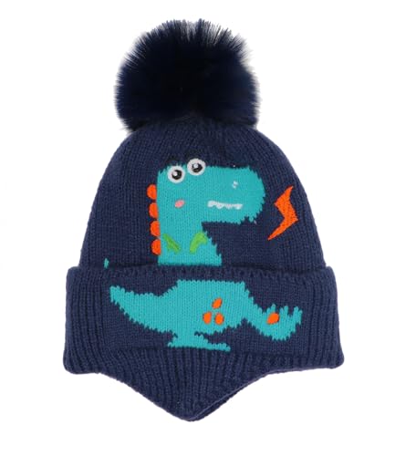 Kids Boys Girls Dinosaur Winter Knit Hat Baby Toddler Thick Scarf Earflap Hood Scarves Skull Caps - color: Navy Pom(1-5years Old)