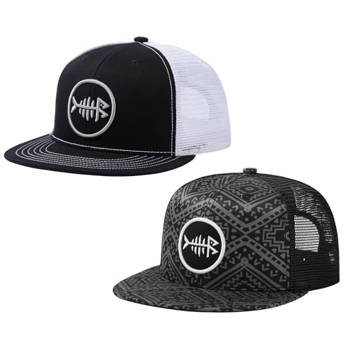 BASSDASH 2 Pack Flat Brim Trucker Cap Adjustable Snapback Hat Mesh Back for Men Women Fishing Hunting - color: Pack of 2, Black and White & Black Geometry
