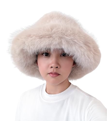 Lina & Lily Oversized Winter Faux Fur Bucket Hat for Women - Long Pile Fur Wide Moldable Brim - color: Beige