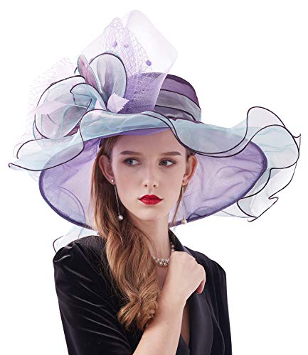 ORIDOOR Women Hats Headband Hairpin Organza Fascinator Church Hat Floral Tea Party Wedding Hat - color: 003e Purple