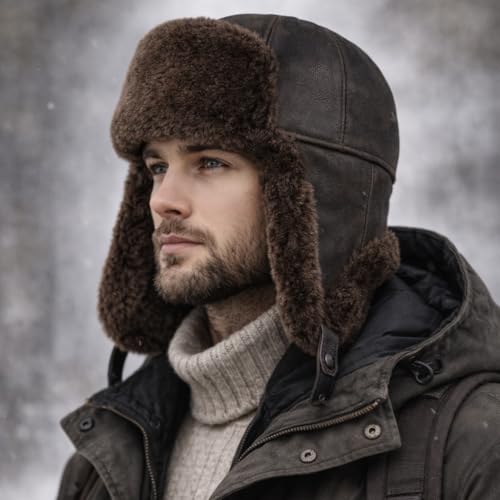 Leather Aviator Russian Ushanka Trapper Shearling Sheepskin Fur Ear Flap Waterproof Winter Hat - color: Brown, size: Medium