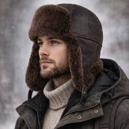 Leather Aviator Russian Ushanka Trapper Shearling Sheepskin Fur Ear Flap Waterproof Winter Hat - color: Brown, size: Medium