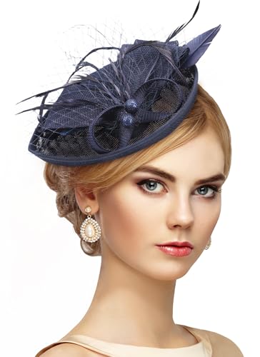Zinniday Fascinator Tea Party Hat - 2026 Derby Pillbox Kentucky Hat for Women (7.87x5.9inch) - color: Navy Blue