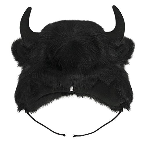 Holiberty Cute Animal Horns Ears Winter Hat Plush Fur Warm Trapper Hat Funny Viking Christmas Halloween Costume Snow Ski Hat - color: Black, With Buffalo Horns