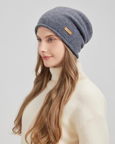 100% Merino Wool Slouchy Beanie Hat, Women Warm Winter Caps Soft, Ladies Breathable & Cozy Stretchy Knitted Skull Cap - color: Grey