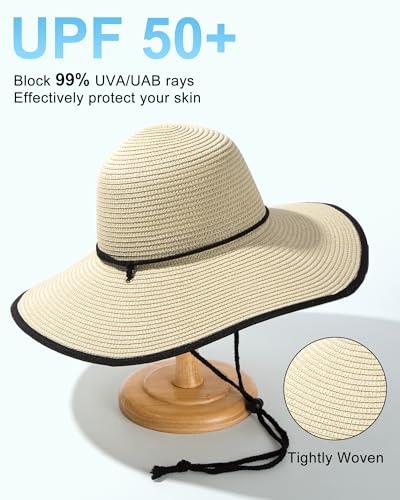 Sun Hats for Women, Summer Wide Brim Straw Beach Hat - color: Beige Black, size: X-Large
