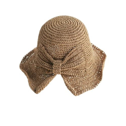 Foldable Wide Brim Floppy Straw Beach Sun Hat,Summer Bucket Cap with Bowknot for Women Girls - color: Khaki