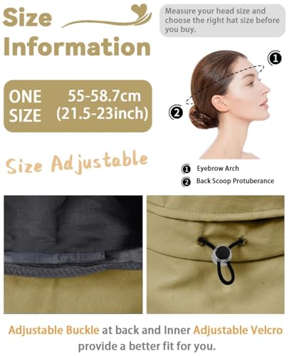 Rosoz Women Sun Hat with Ponytail Hole Wide Brim Bucket Hats UPF 50+ Beach Hiking Gardening Hat Water-Resistant Outdoot Hat - color: Khaki