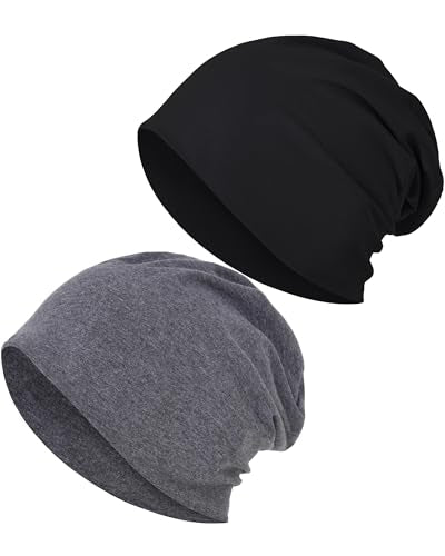 JarseHera 100% Cotton Slouchy Beanie for Women Men Soft Chemo Headwear Set - color: 2 Pcs,black+dark Gray