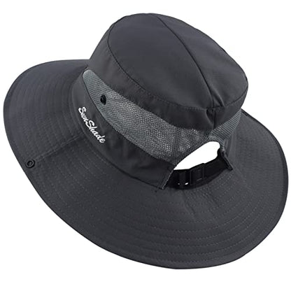 Muryobao Women's Ponytail Sun Hat UV Protection Foldable Mesh Wide Brim Beach Fishing Hat - color: Gray