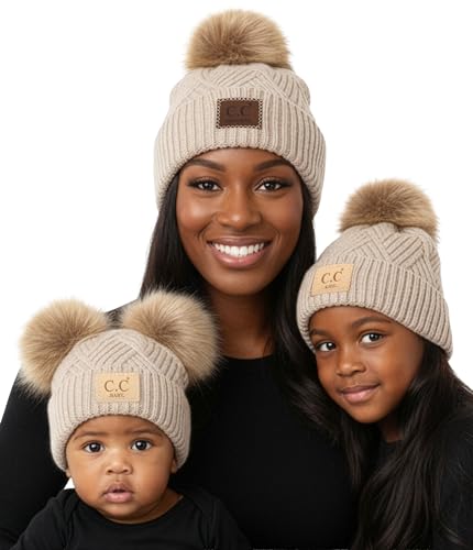 Funky Junque Mommy & Me Double Pom Beanies 3-Pack Matching Winter Hats for Mom, Toddler & Infant Girls, Cozy Knit Family Set - color: Diagonal Basketweave - Beige