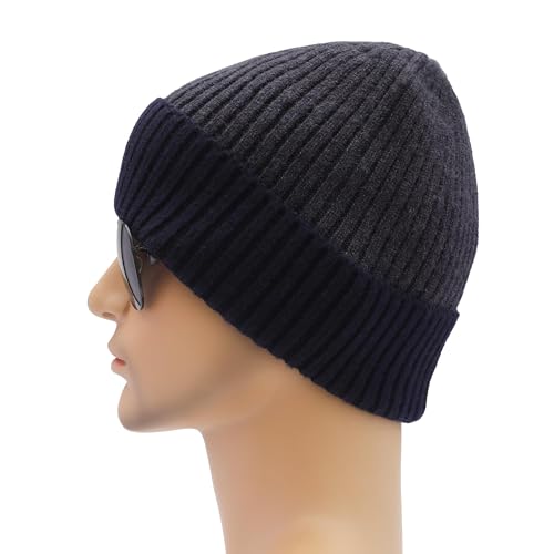 ZLYC Men Winter Knit Fisherman Beanie Hat Fashion Warm Daily Skull Cap - color: Cuffed Navy
