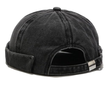 Mens Docker Cap – Brimless Beanie Skull Cap Retro Rolled Cuff Adjustable Cotton - color: Washed Cotton - Black