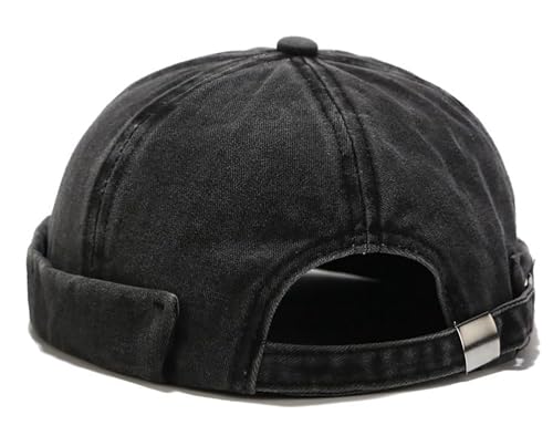 Mens Docker Cap – Brimless Beanie Skull Cap Retro Rolled Cuff Adjustable Cotton - color: Washed Cotton - Black