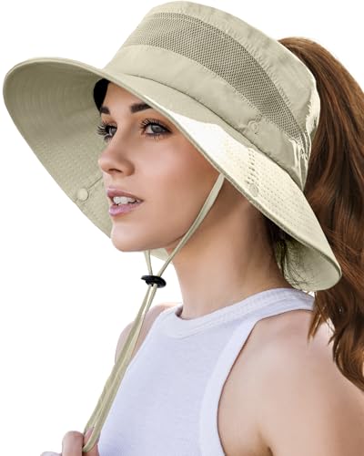 EW EastWater Beach Sun Bucket Hats for Women,UV Protection High Ponytail Hole UPF 50+ Waterproof for Hiking Safari Fishing - color: Beige