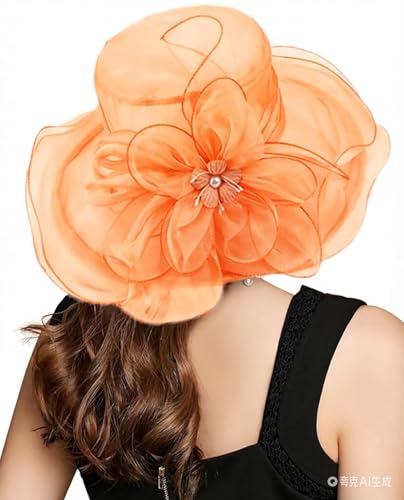 ORIDOOR Women’s Organza Church Tea Party Wedding Fascinator Derby Hat Wide Brim Sun Hats - color: C7-orange