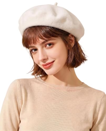 French Beret Hats for Women Men - Classic Wool Beanie Winter Cap - color: White