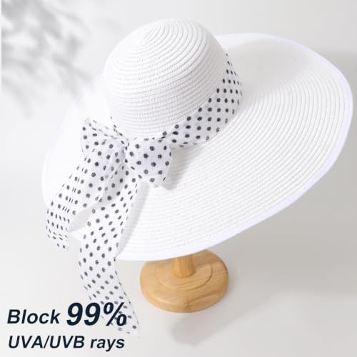 DRESHOW Beach Hats for Women Big Straw Wide Brim Summer Hat Floppy Foldable Roll up Cap Sun Hat UPF 50+ - color: 1 Pack With Polka Dot Bow: White