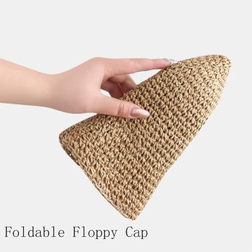 Women Straw Sun Hat Summer Beach Hats Foldable Floppy Cap Wide Brim Bucket Hat Solid Handmade Sun Protection Caps - color: Beigea