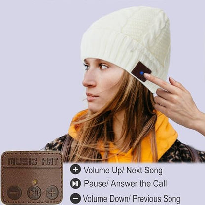 Wireless Music Hat Men Women Beanie Girls Hat Over Ear Headset Sports Stereo Headphone with Microphone Speaker Womens Beanie Cap - color: Knit White