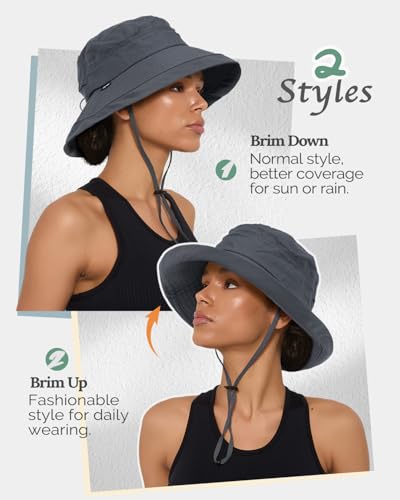 Bucket Sun Hat for Women, UPF 50+ Wide Brim, Packable, Waterproof Rain Hat for Hiking Outdoor Travel - color: Dark Grey
