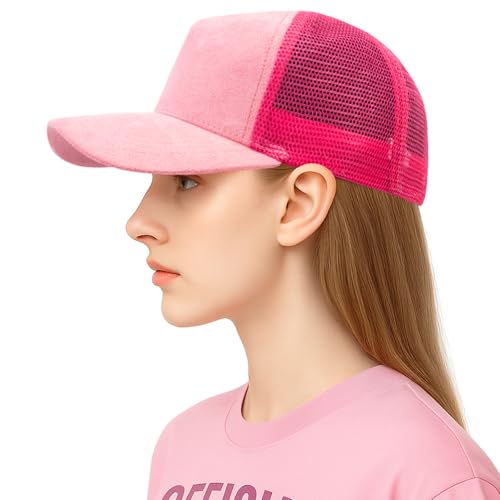 TopTie Suede Mesh Baseball Cap, Breathable Snapback Trucker Cap, 5-Panel Unisex Adjustable Sports Hat for Outdoor - color: Pink