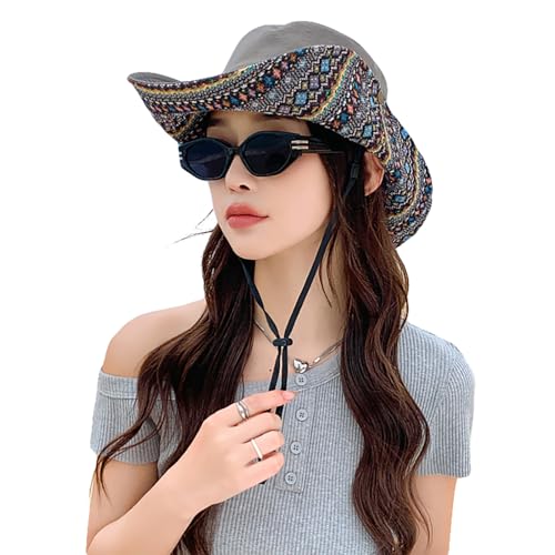 Womens Wide Brim Floral Summer Sun Hat UPF 50+ Ethnic Style Foldable Floppy Sun Protection Travel Beach Bucket Hat - color: Grey