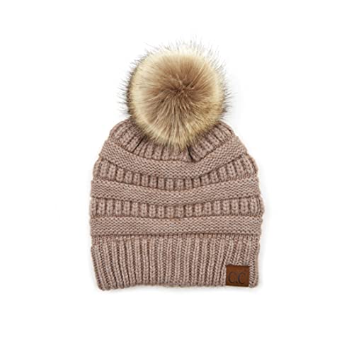 C.C Fur Pom Winter Fall Trendy Chunky Stretchy Cable Knit Beanie Hat - color: Snuggly Soft Lt. Taupe Mix