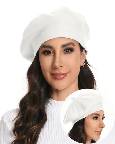 Women's Knitted Beret, French Style Double Layer Winter Autumn Warm and Soft Beanie Hat Cap - color: Z-white