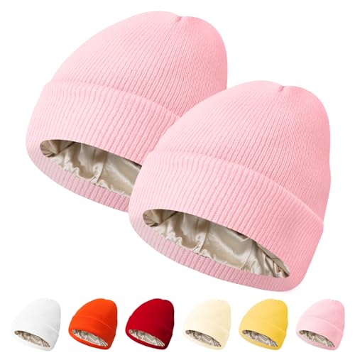 PFFY Womens Satin Lined Beanie Silk Lining Winter Hats Beanies for Women - color: Pink+pink