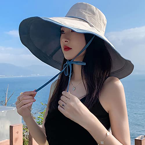 HUAMULAN Women Summer Vacation Wide Brim Sun Hat Reversible Fishing Hats - color: Bluebeige