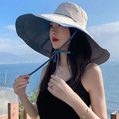 HUAMULAN Women Summer Vacation Wide Brim Sun Hat Reversible Fishing Hats - color: Bluebeige