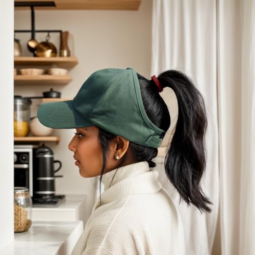 2 Pack Backless Cap for Women Natural Curly Hair Hat Baseball Cap Afro Puff Ponytail Hat - color: Black＆green