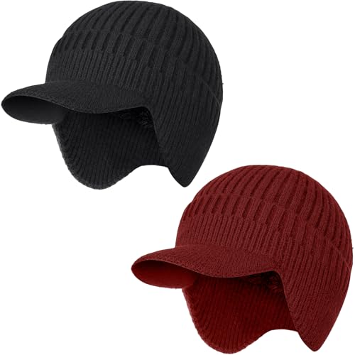 2Pack Men&Women Winter Warm Fleece-Lined Knit Beanie Hats with Brim & Ear Flaps for Cold Weather - color: Black+wine Red