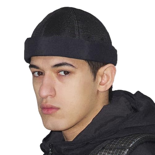 UNDERCONTROL Brimless Sailor Fisherman Mesh Hat for Men Women, Nylon Supplex UPF 40, Rolled Cuff Docker Buckle, Summer Skull Cap (Black)