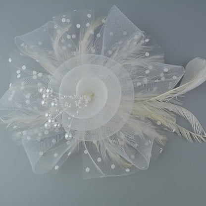 JUNBESTN Fascinators Hat Tea Party Headwear for Women Flower Mesh Feathers Headband - color: White