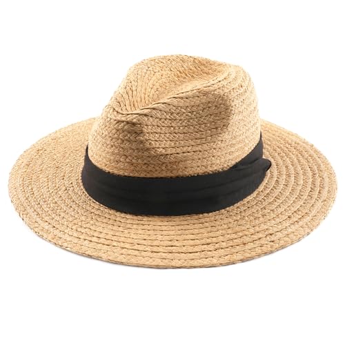 FURTALK Raffia Straw Sun Hat Wide Brim Fedora Panama Hat for Women Men - size: Large-X-Large