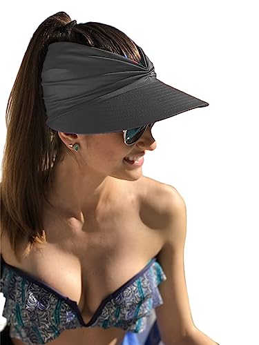 Sun Hat Women Beach Visor Cap UV Protection with Wide Brim Packable Summer Sport Ponytail Sun Cap - color: Gray