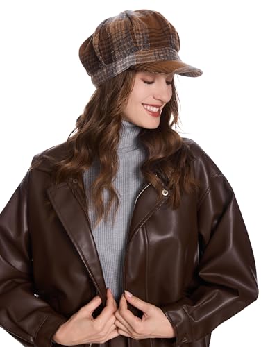 ZLYC Women Classic Newsboy Cap Visor 8 Panel Gatsby Cabbie Paperboy Hat - color: Plaid Coffee and Khaki