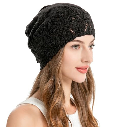 ZLYC Crochet Slouchy Beanie for Women Soft Lightweight Skull Cap - color: Solid Black