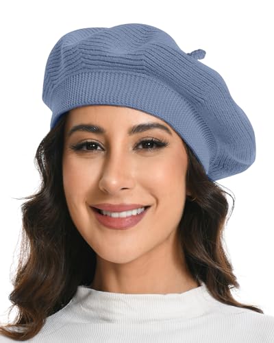 Cotton Knitted Women Beret Hat, French Style Solid Color Beret, Winter Autumn Warm and Soft Beanie Hat - color: Blue