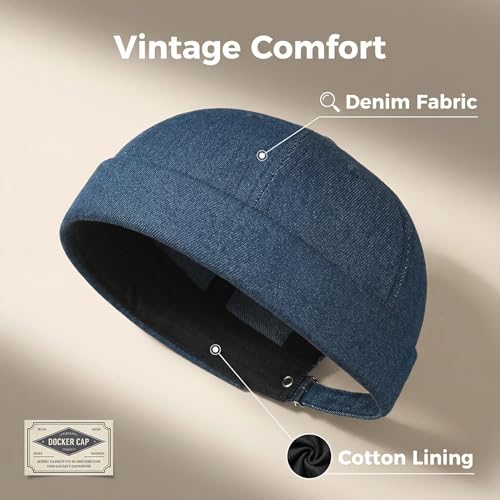 Denim Brimless Hats for Women Men Docker Style Cap Vintage Sailor Beanie Hat - color: Blue