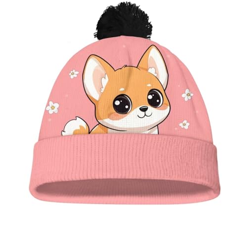 Girls Boys Winter Warm Knit Beanie Pompom Elasticity Slouchy Hat Skull Caps for Childrens - color: Cute Corgi and Flower