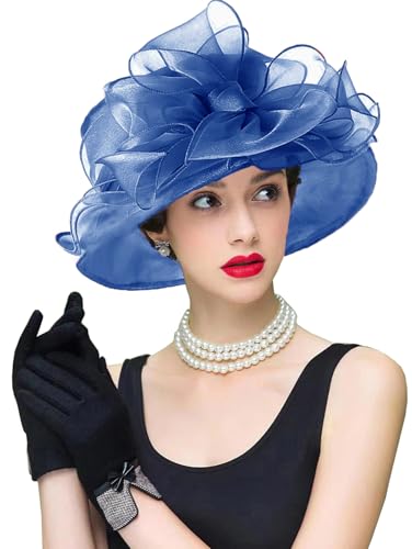 ORIDOOR Women's Organza Cloche Bowler Hat Derby Fascinator for Tea Party Bridal Wedding Hat - color: 011c1-dark Blue