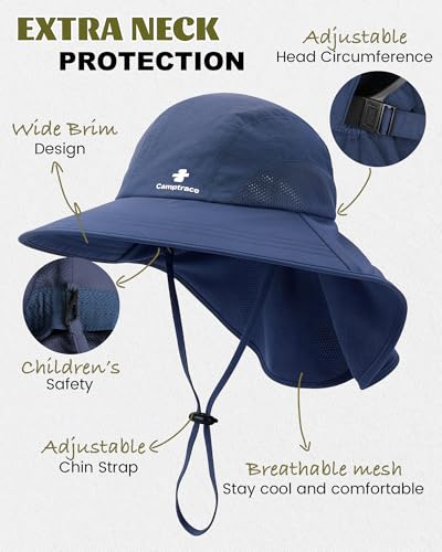 Camptrace Toddler Kids Sun Hat UPF 50+ with Neck Flap Ponytail Hole - color: 03-navy, size: 2-5T