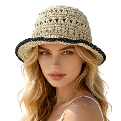 Floppy Big Beach Straw Hats for Women Foldable Summer Wide Brim Packable Sun Hat Womens Travel Straw Fedora Hat - color: Beige-8