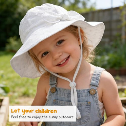 Baby Girl Sun Hat with UPF 50+ Outdoor Adjustable Beach Hat with Wide Brim Bucket Hats - color: Beige White, size: 6-12 Months
