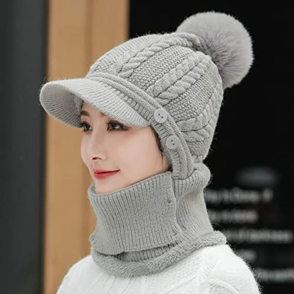 HUAMULAN Women Cable Knit Balaclavas Winter Fleece Lined Beanie Hat - color: Grey With Pompom